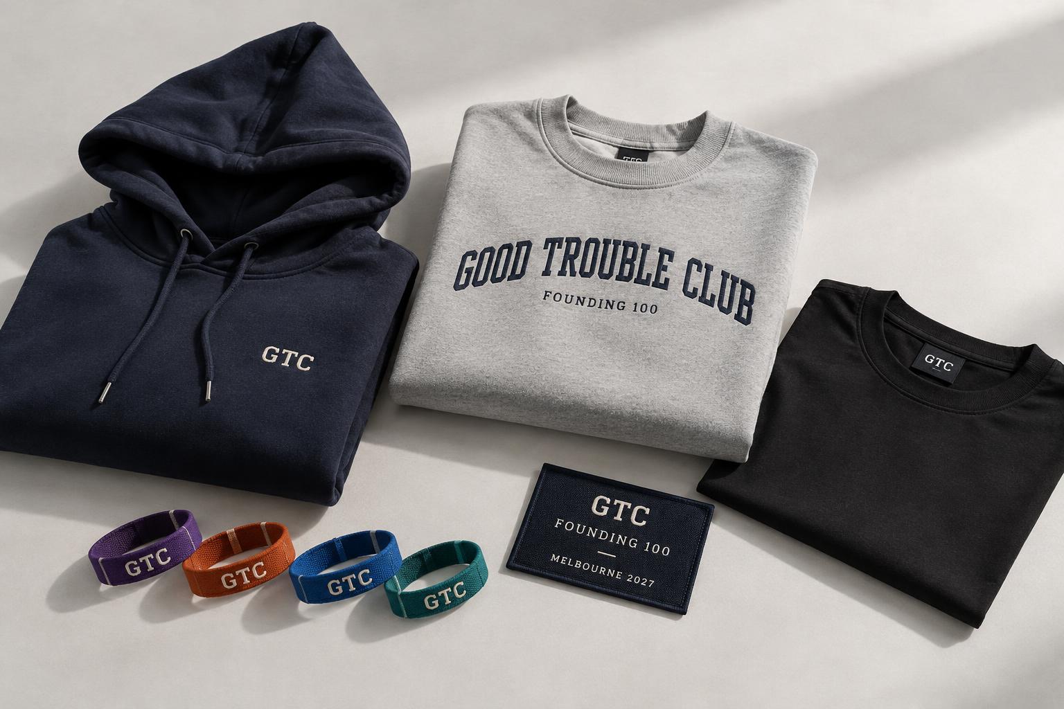 Concept Good Trouble Club heavyweight streetwear, Founding 100 patch and four House-colour wristbands